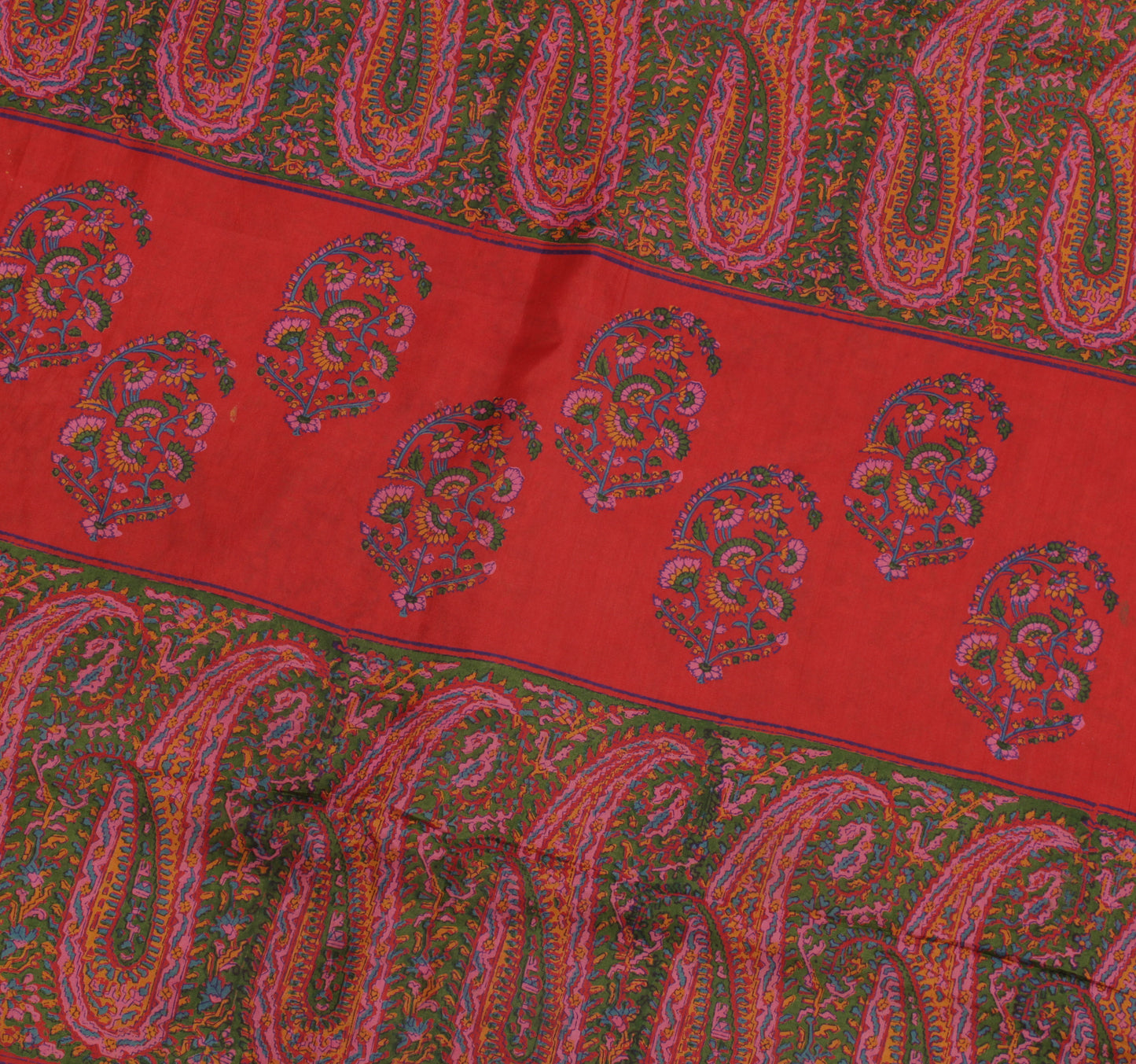 Sushila Vintage Red Saree 100% Pure Silk Printed Floral Soft 5 Yard Craft Fabric