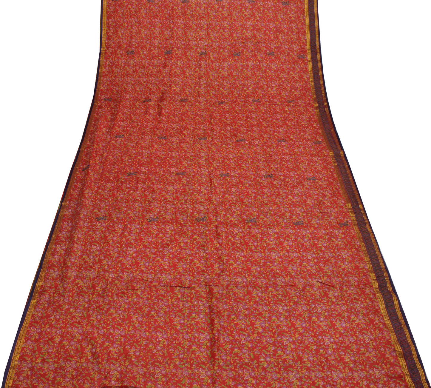 Sushila Vintage Red Saree 100% Pure Silk Printed Floral Soft 5 Yard Craft Fabric