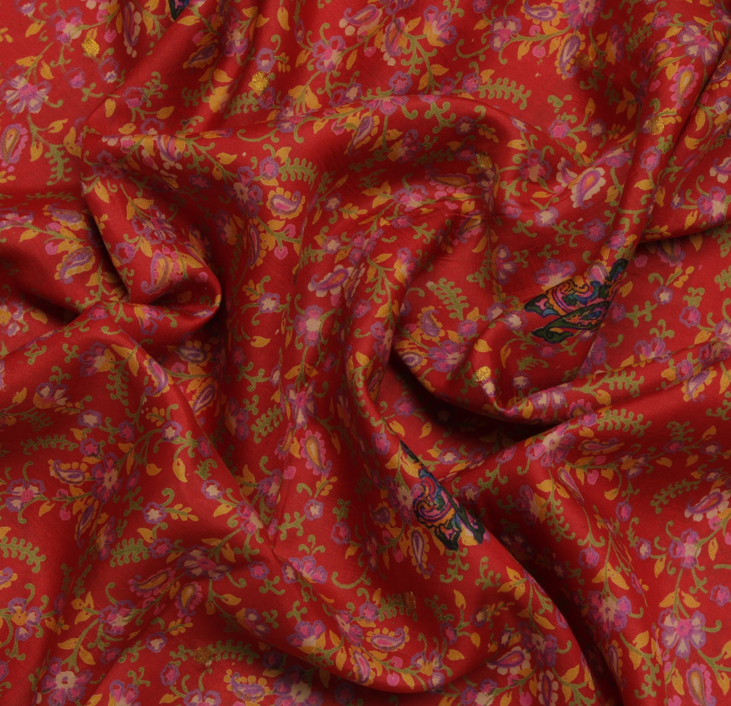 Sushila Vintage Red Saree 100% Pure Silk Printed Floral Soft 5 Yard Craft Fabric