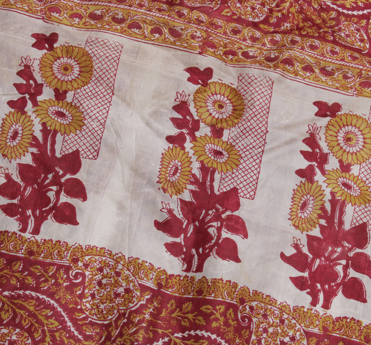 Sushila Vintage White Saree 100% Pure Silk Printed Floral Soft Craft Fabric