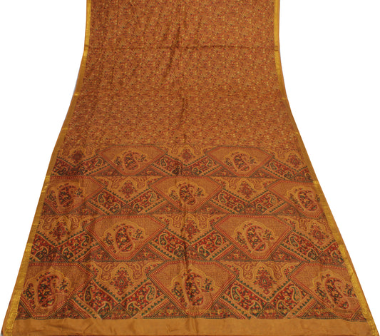 Sushila Vintage Brown Saree 100% Pure Silk Printed Floral Soft Craft Fabric