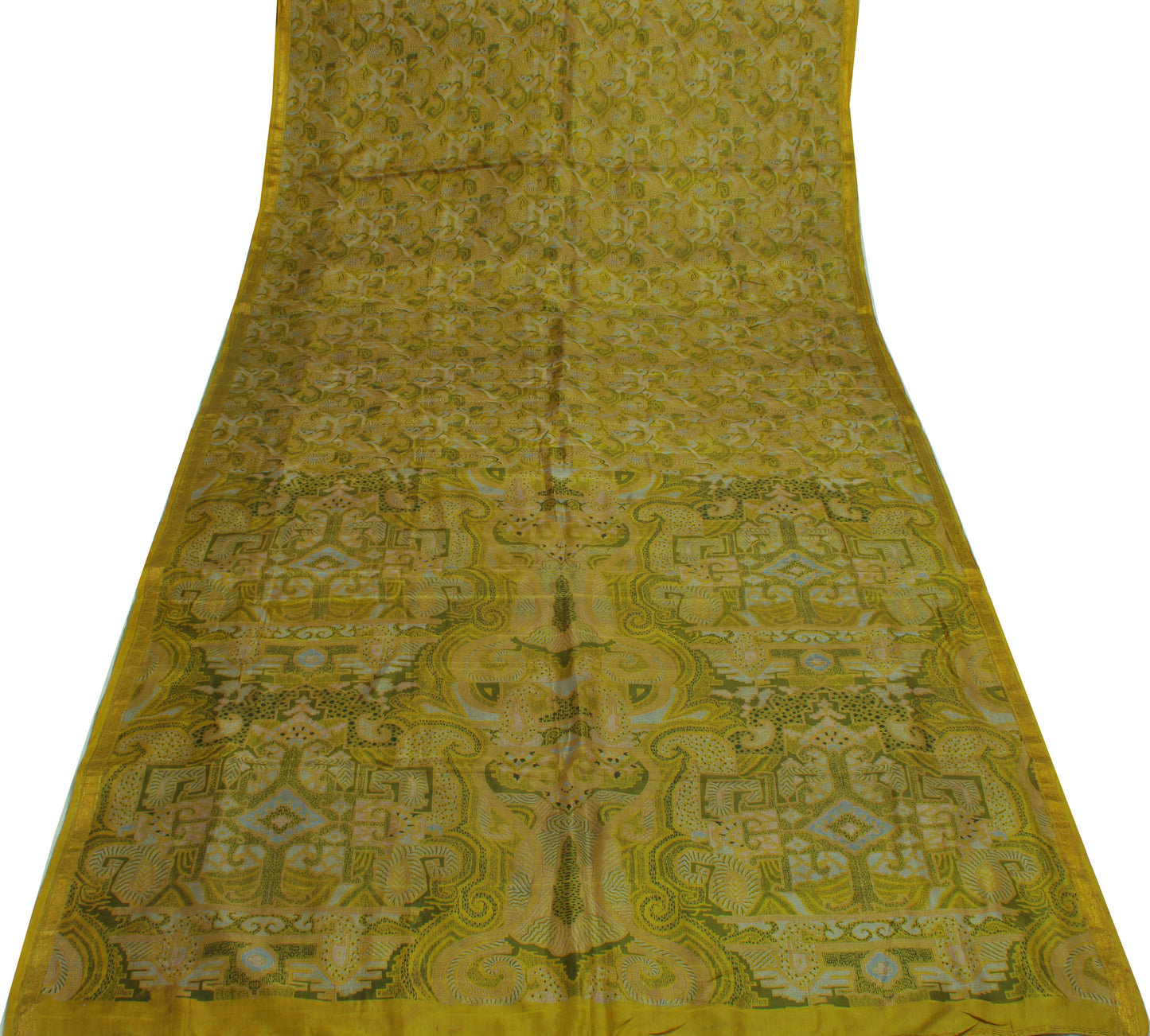 Sushila Vintage Green Saree 100% Pure Silk Printed Abstract Soft Craft Fabric