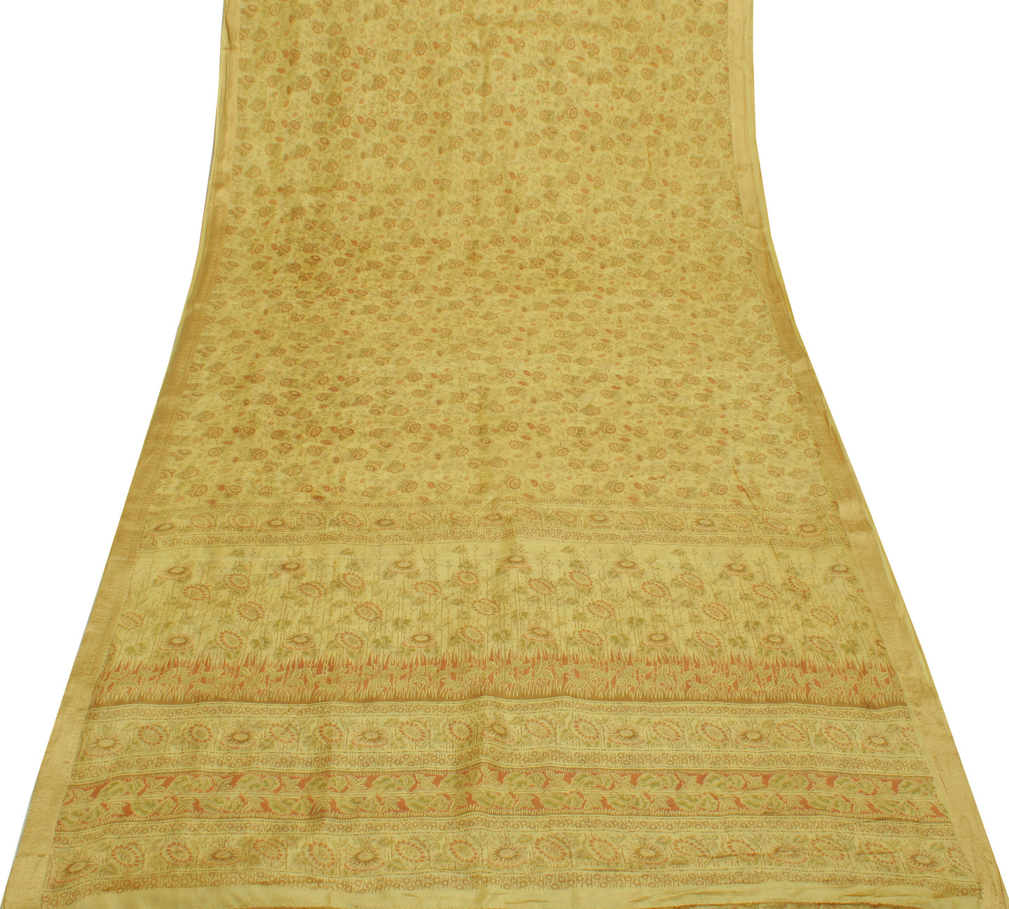 Sushila Vintage Cream Saree 100% Pure Silk Printed Floral Soft Sari Craft Fabric