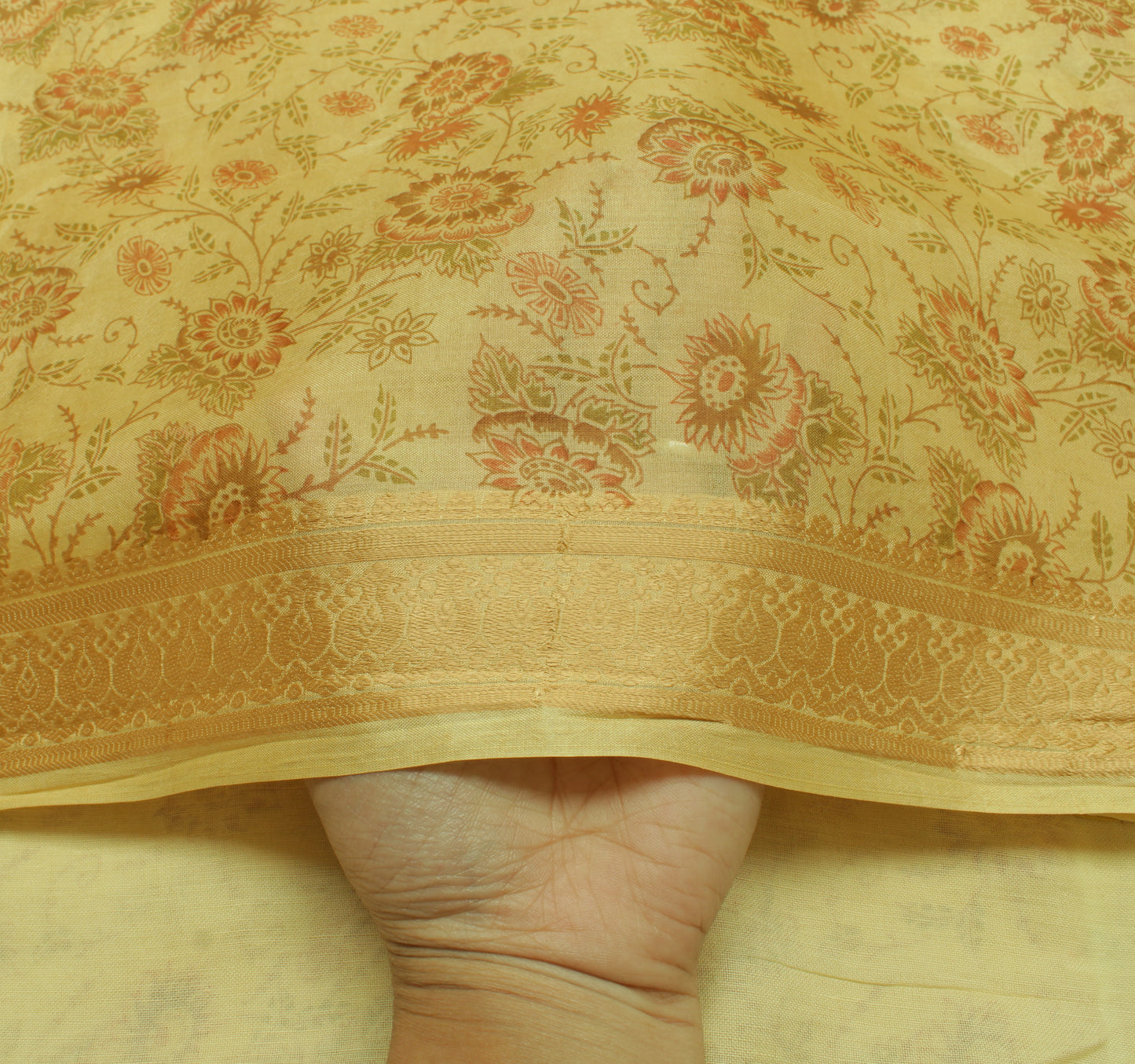 Sushila Vintage Cream Saree 100% Pure Silk Printed Floral Soft Sari Craft Fabric