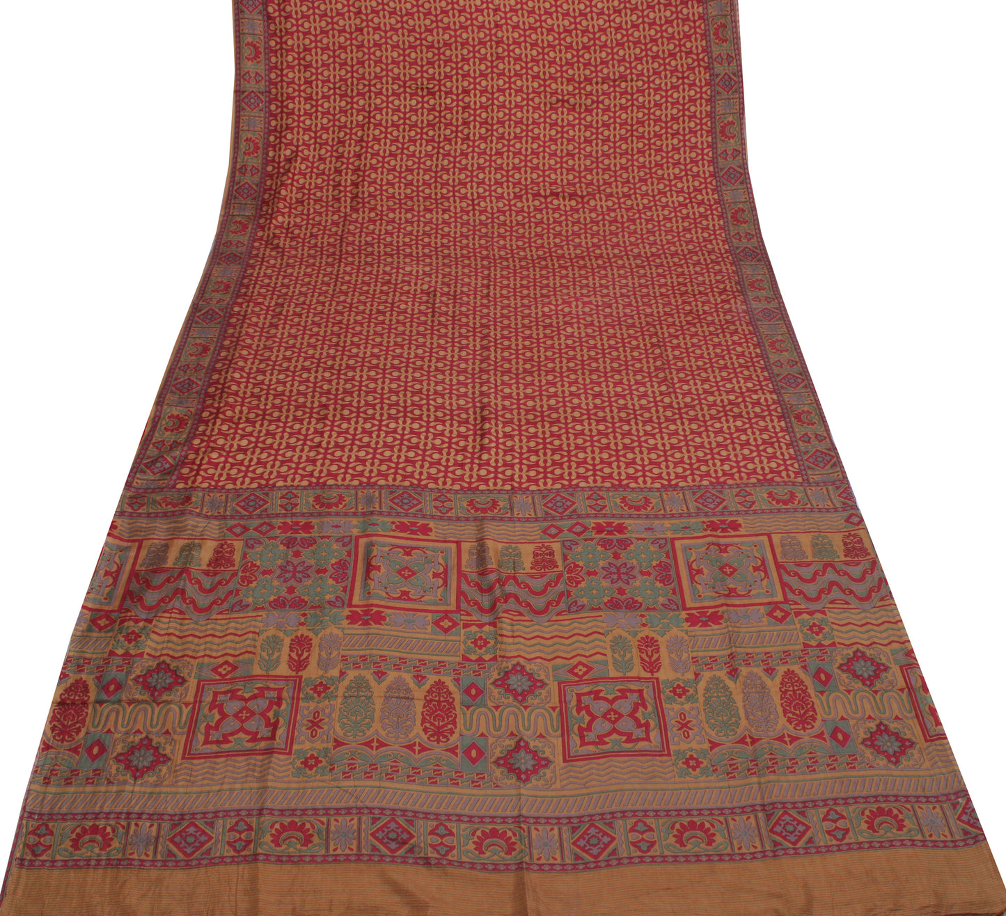 Sushila Vintage Red Indian Saree 100% Pure Silk Printed Floral Soft Craft Fabric