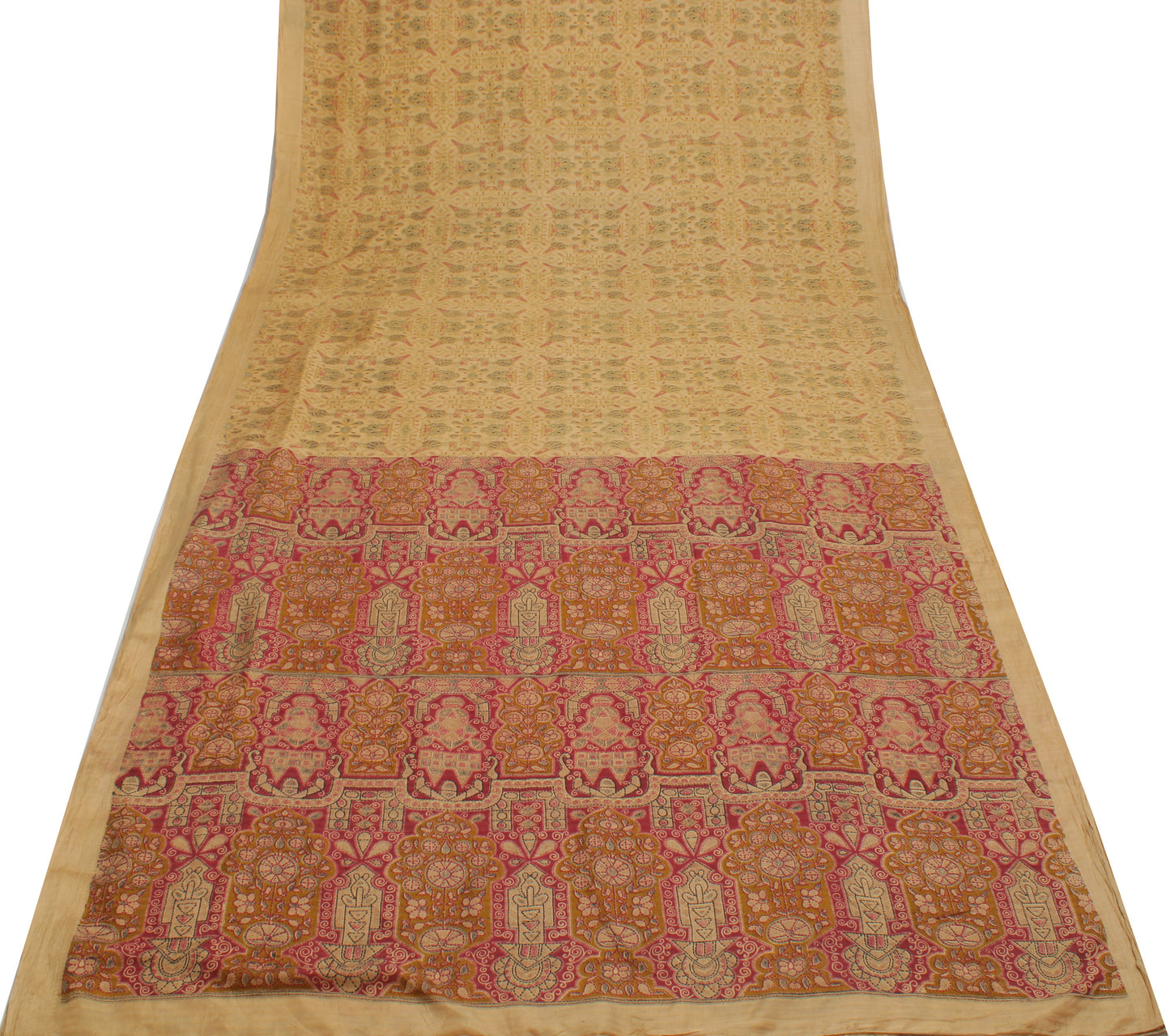 Sushila Vintage Cream Saree 100% Pure Silk Printed Abstract Soft Craft Fabric