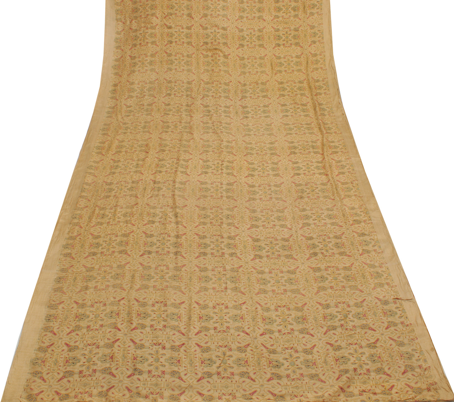 Sushila Vintage Cream Saree 100% Pure Silk Printed Abstract Soft Craft Fabric