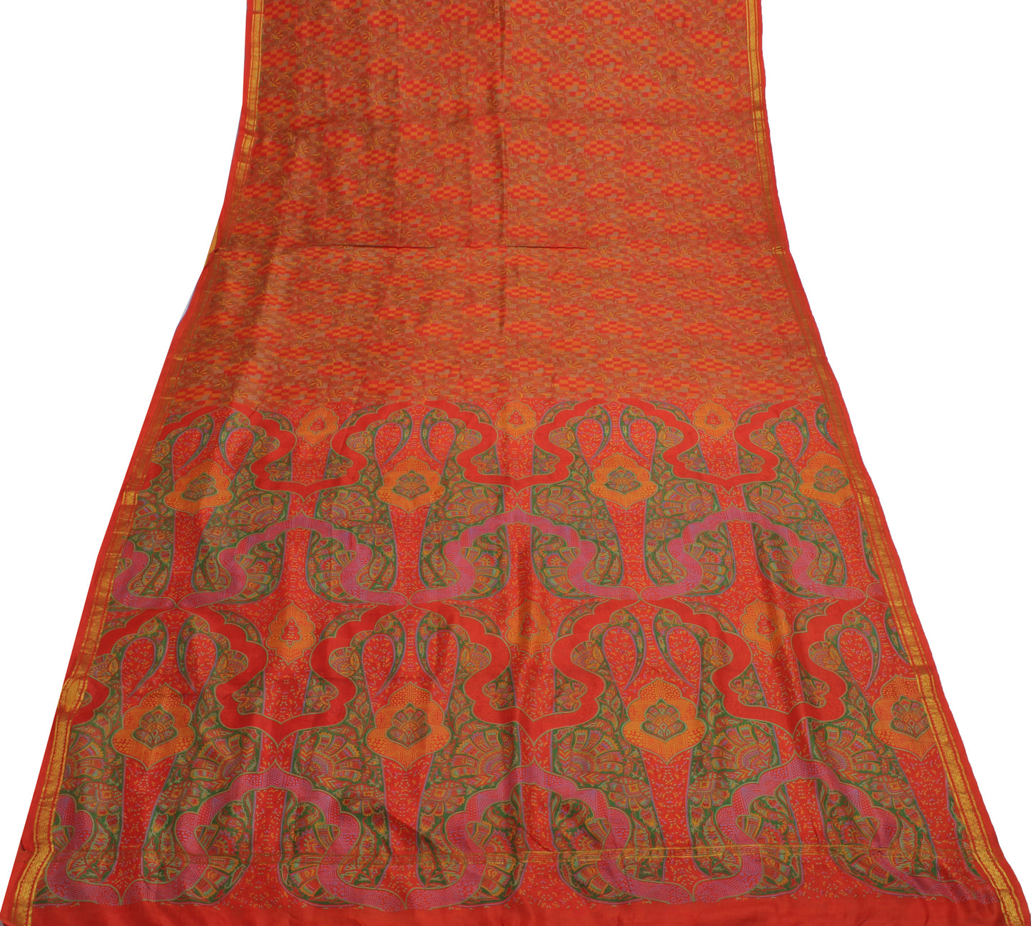 Sushila Vintage Orange Saree 100% Pure Silk Printed Floral Soft Craft Fabric