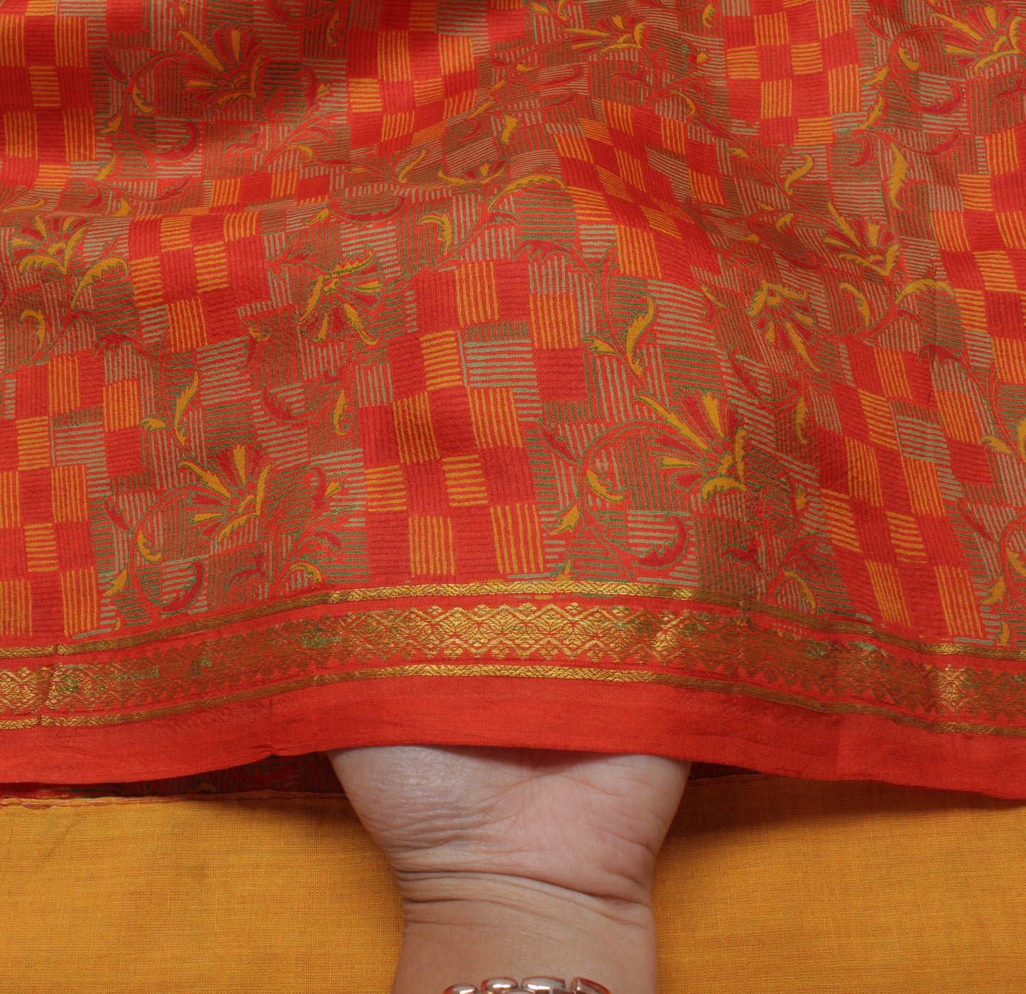 Sushila Vintage Orange Saree 100% Pure Silk Printed Floral Soft Craft Fabric