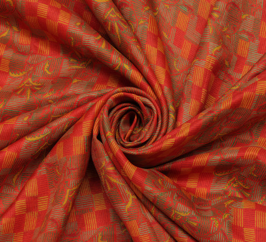 Sushila Vintage Orange Saree 100% Pure Silk Printed Floral Soft Craft Fabric