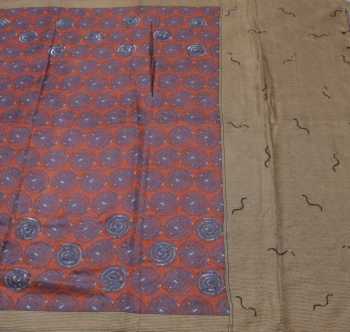 Sushila Vintage Brown Indian Saree 100% Pure Silk Printed  Soft Craft Fabric