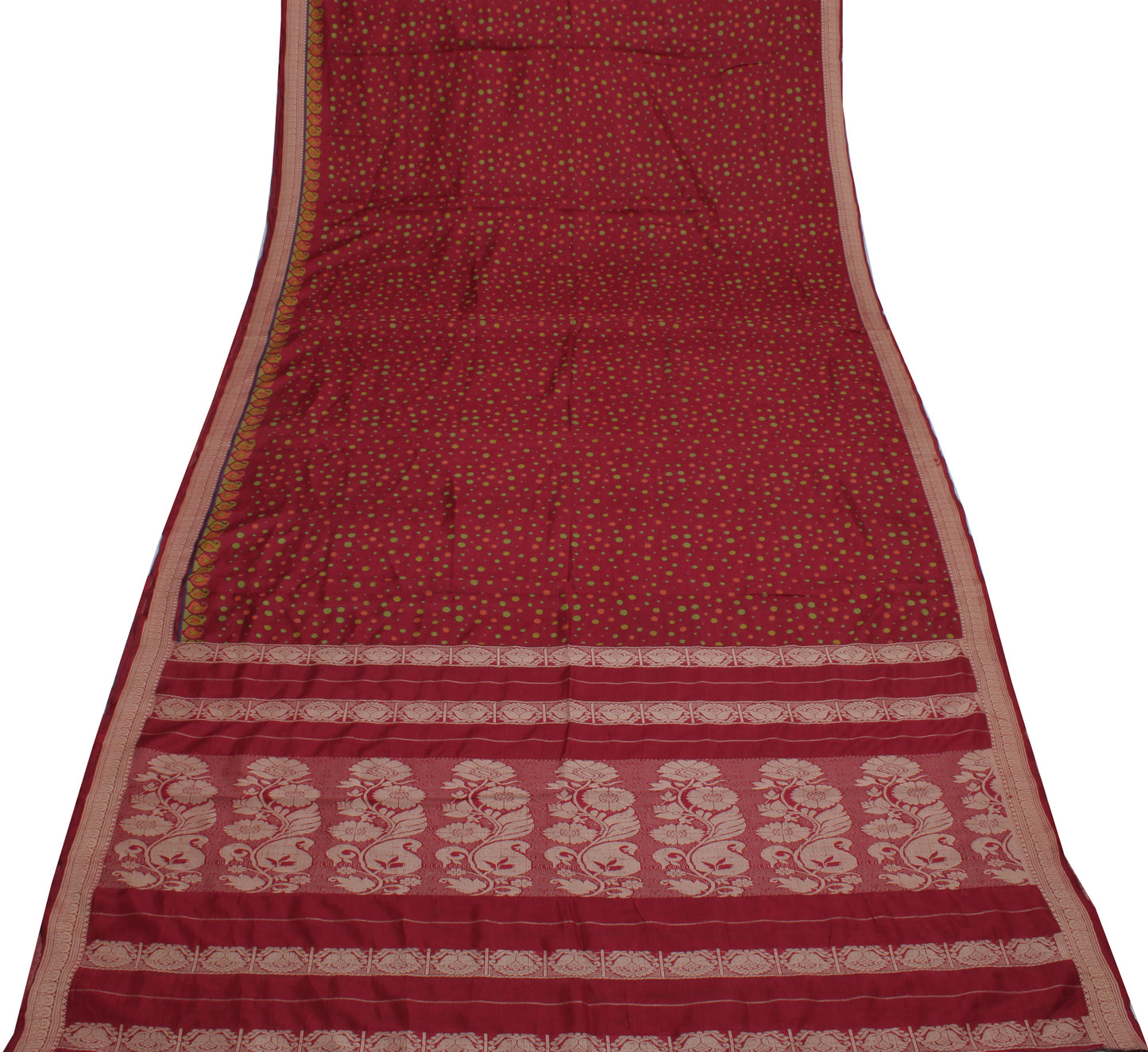 Sushila Vintage Red Indian Saree 100% Pure Silk Printed Dots Soft Craft Fabric