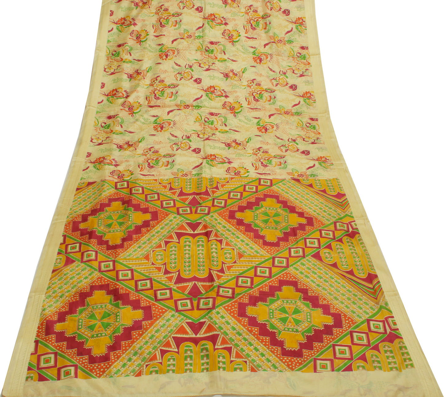 Sushila Vintage Cream Saree 100% Pure Silk Printed Floral Soft Craft Sari Fabric