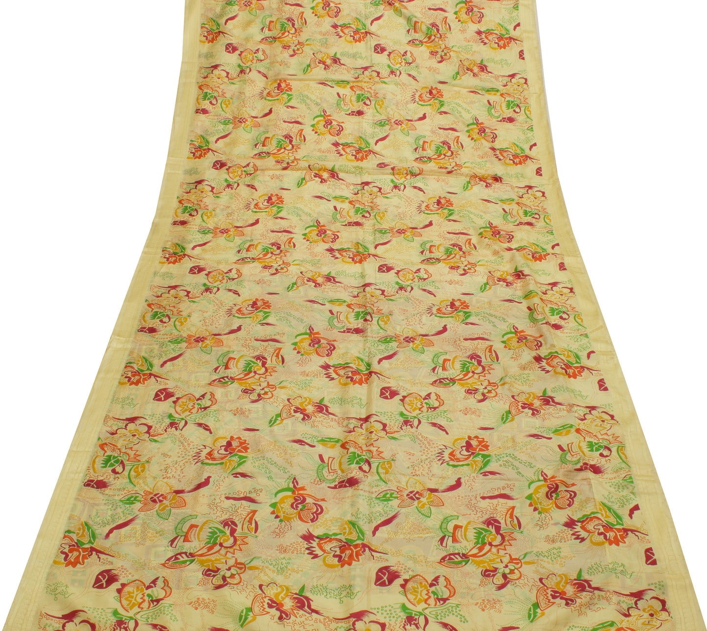 Sushila Vintage Cream Saree 100% Pure Silk Printed Floral Soft Craft Sari Fabric