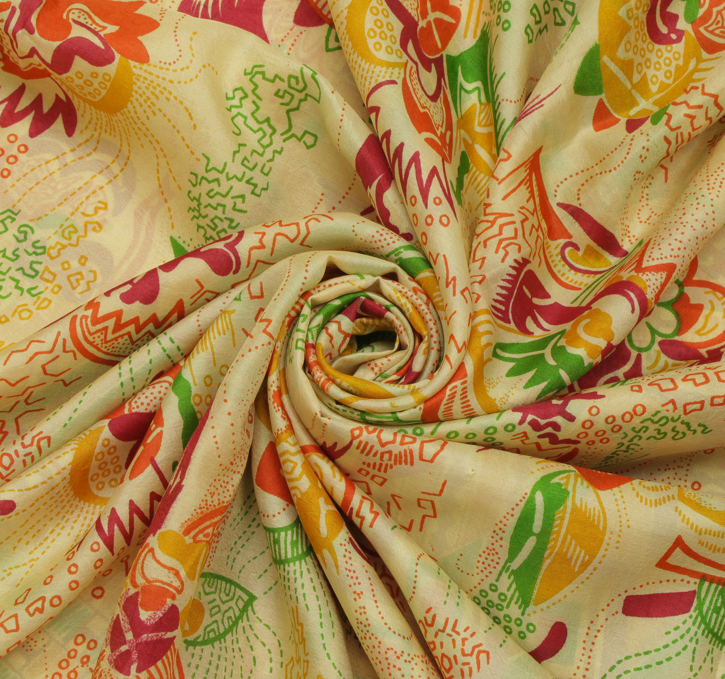 Sushila Vintage Cream Saree 100% Pure Silk Printed Floral Soft Craft Sari Fabric