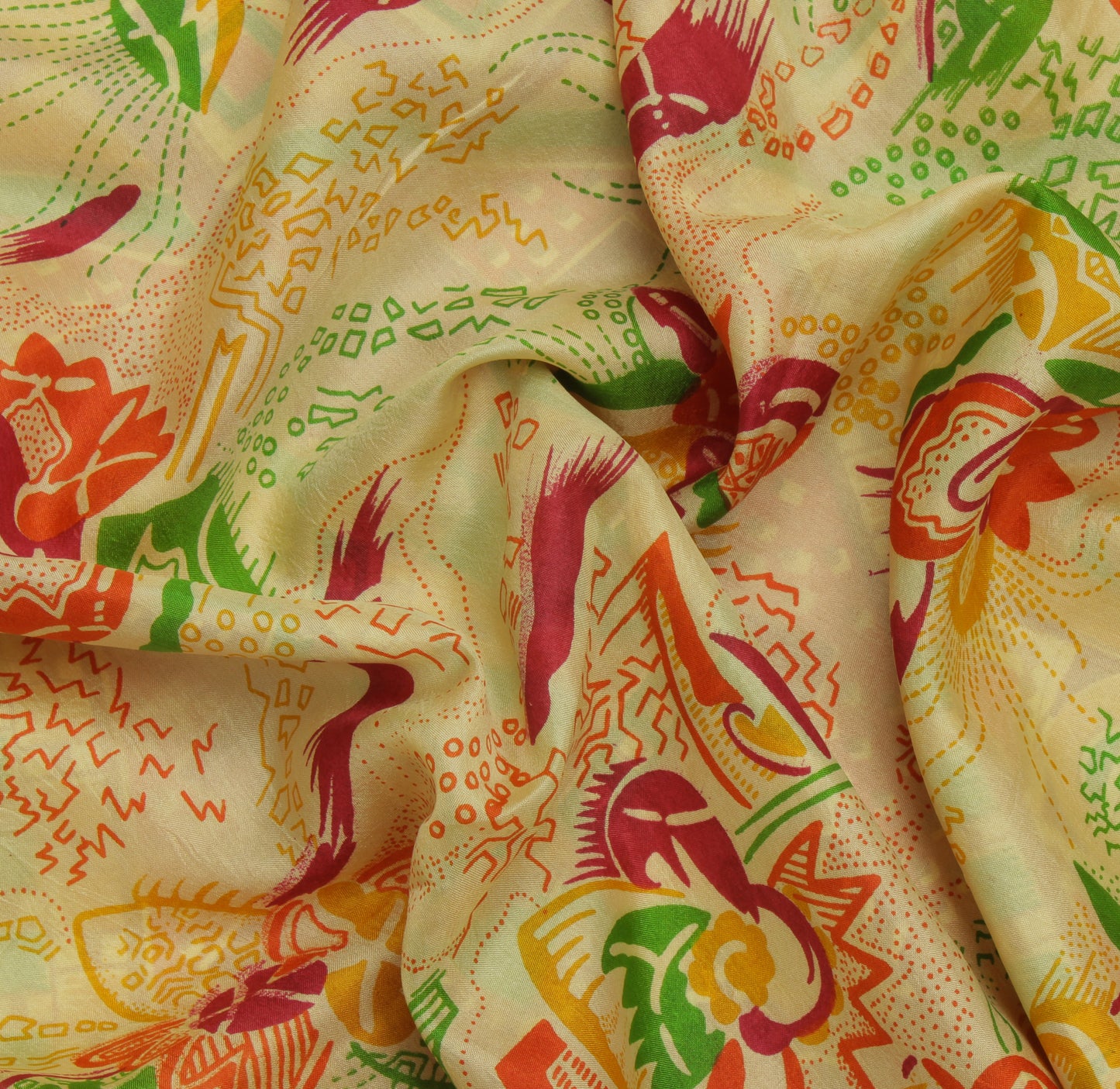 Sushila Vintage Cream Saree 100% Pure Silk Printed Floral Soft Craft Sari Fabric