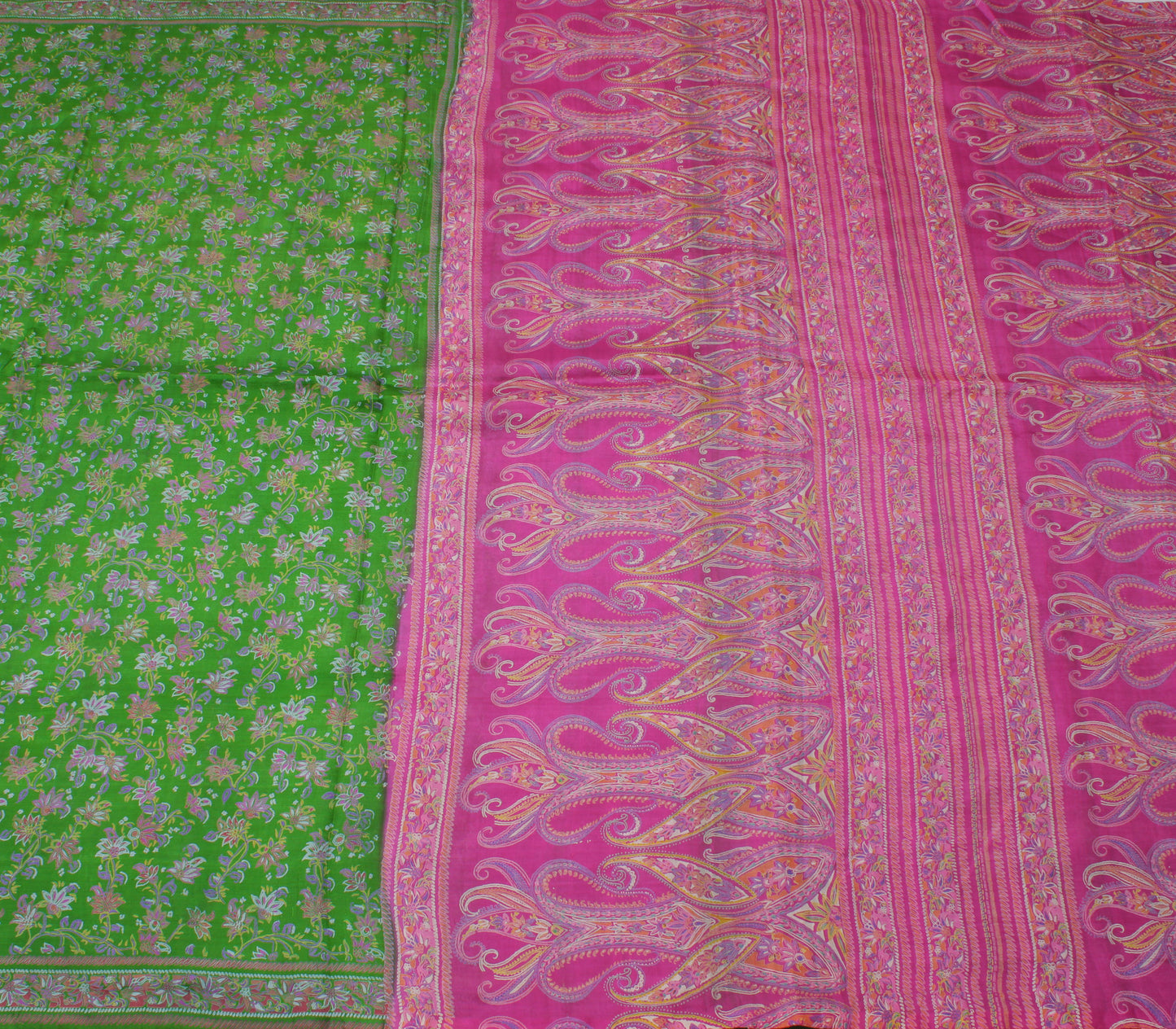 Sushila Vintage Green Saree 100% Pure Silk Printed Floral Soft 5 YD Craft Fabric