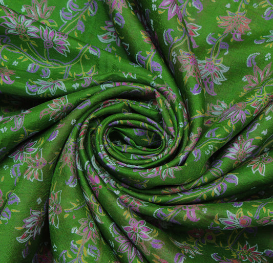 Sushila Vintage Green Saree 100% Pure Silk Printed Floral Soft 5 YD Craft Fabric