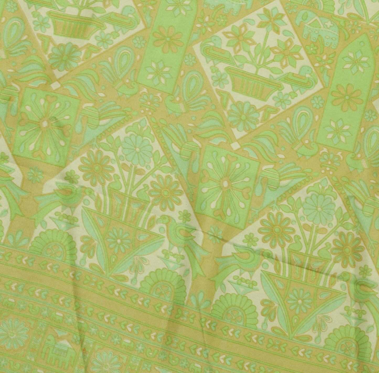 Sushila Vintage Green Saree 100% Pure Silk Printed Floral Soft Craft Fabric