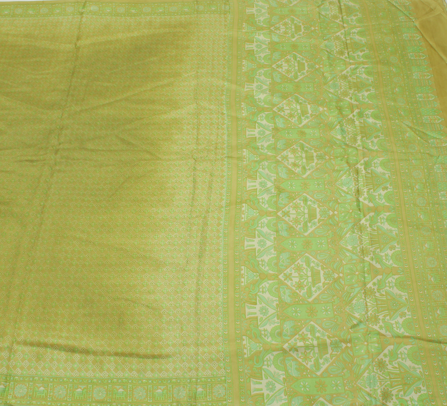 Sushila Vintage Green Saree 100% Pure Silk Printed Floral Soft Craft Fabric