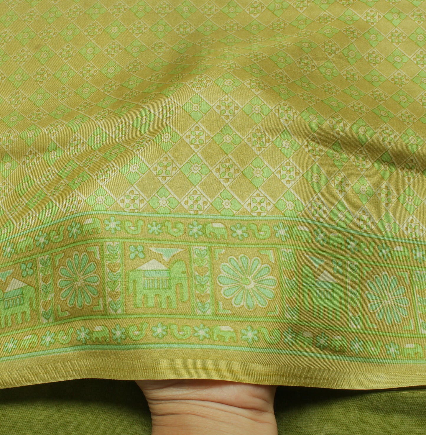 Sushila Vintage Green Saree 100% Pure Silk Printed Floral Soft Craft Fabric