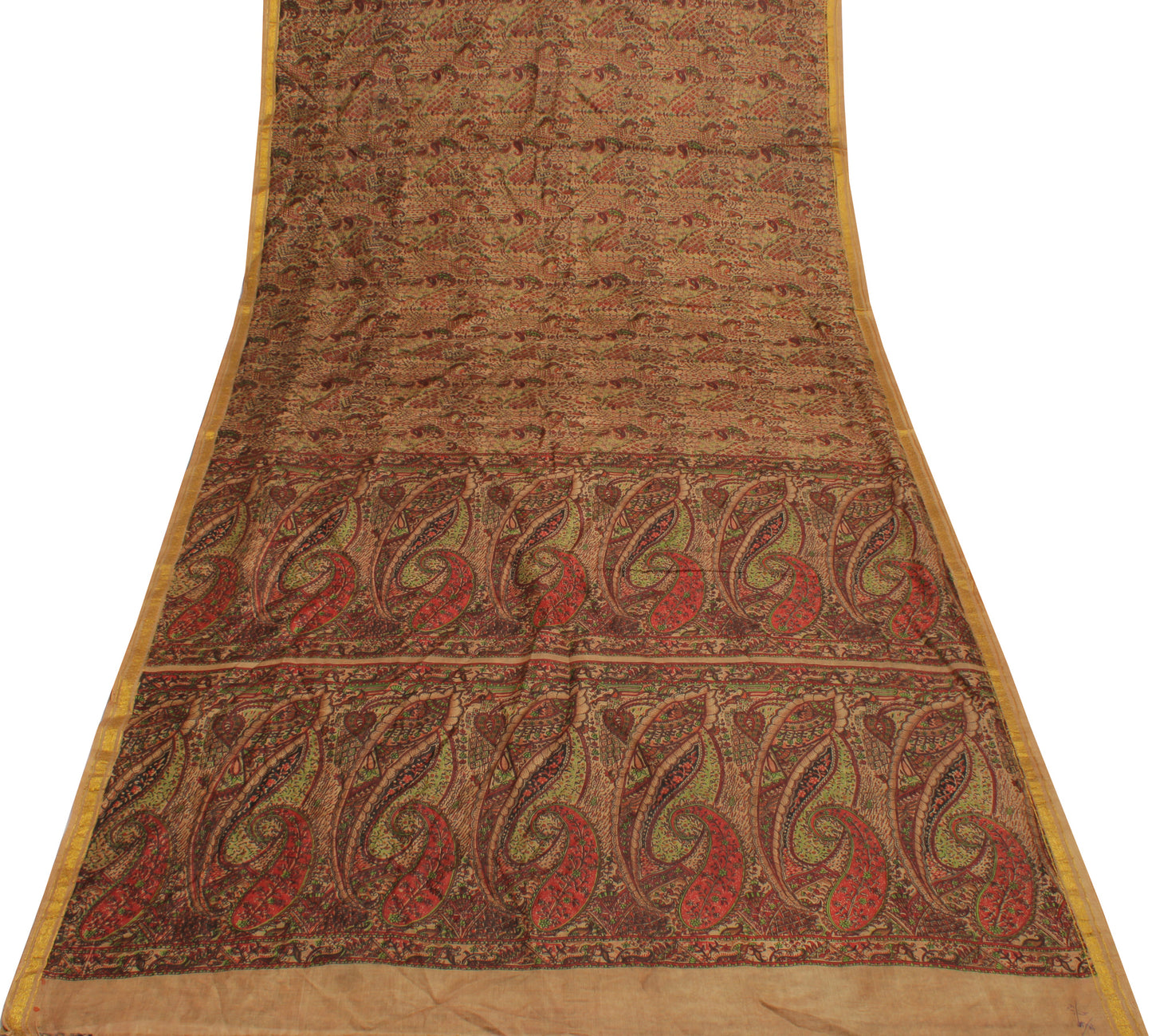 Sushila Vintage Brown Saree 100% Pure Silk Printed Paisley Soft Craft Fabric