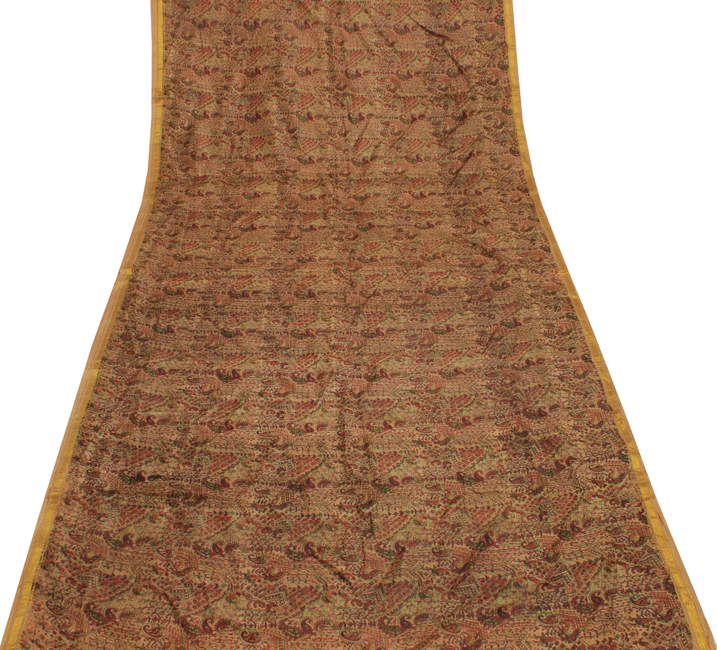 Sushila Vintage Brown Saree 100% Pure Silk Printed Paisley Soft Craft Fabric