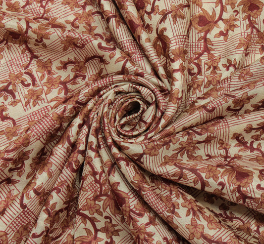 Sushila Vintage Cream Saree 100% Pure Silk Printed Floral Soft Craft Fabric