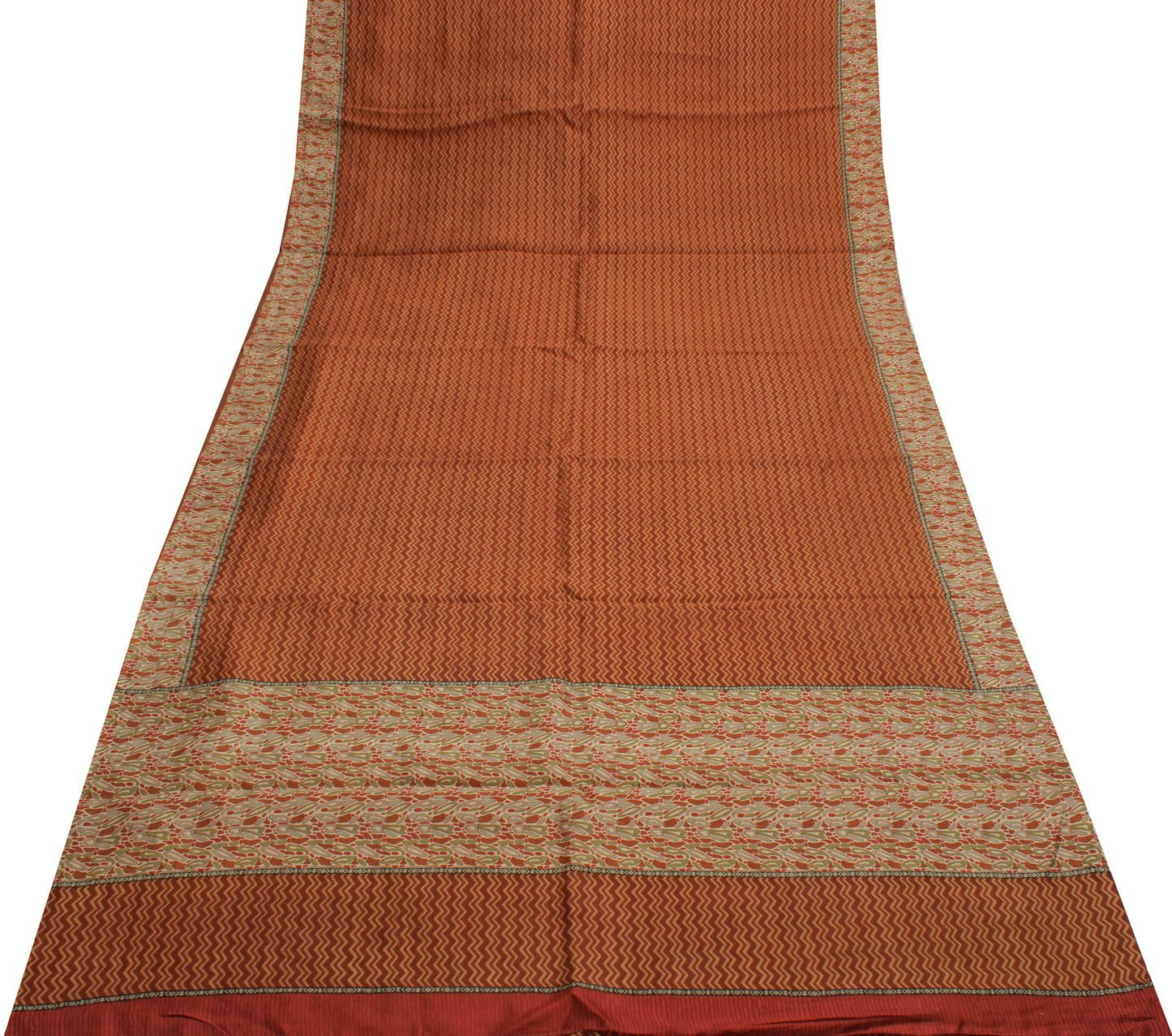 Sushila Vintage Brown Saree 100% Pure Silk Printed Zig-Zag Soft Craft Fabric