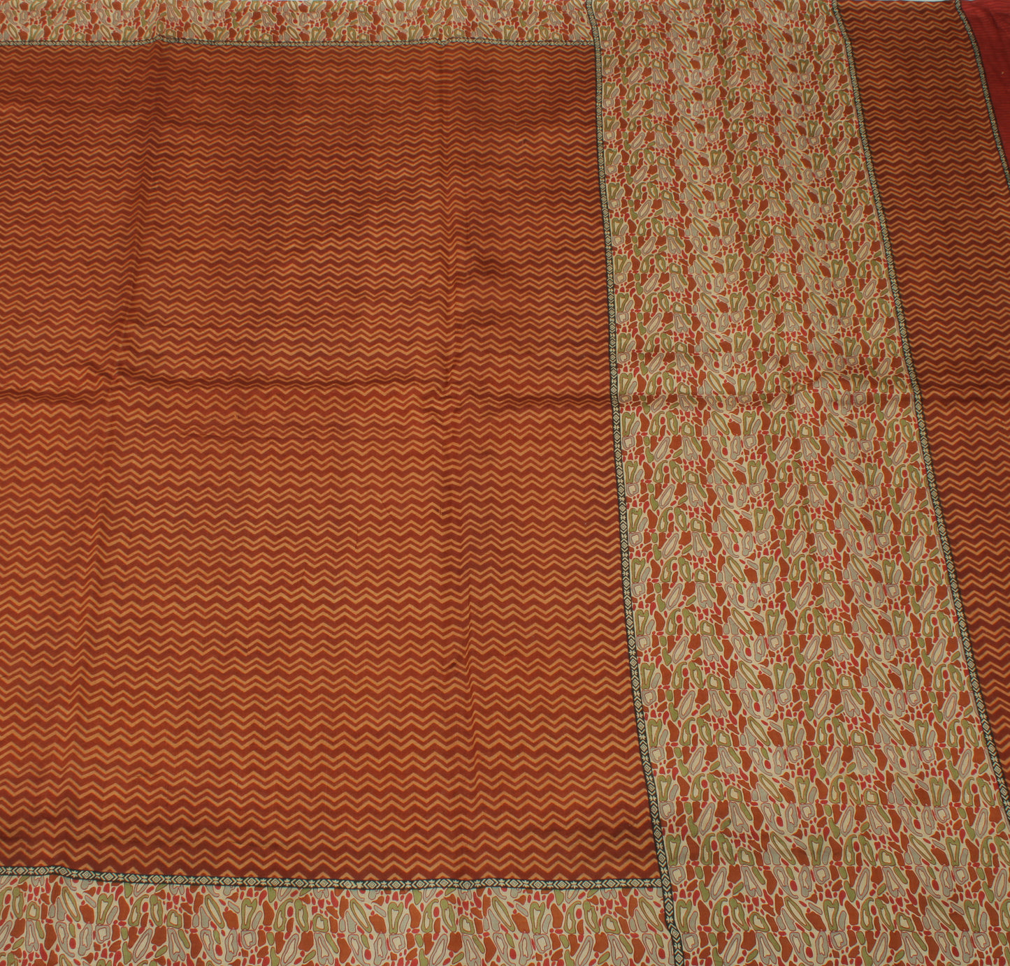 Sushila Vintage Brown Saree 100% Pure Silk Printed Zig-Zag Soft Craft Fabric