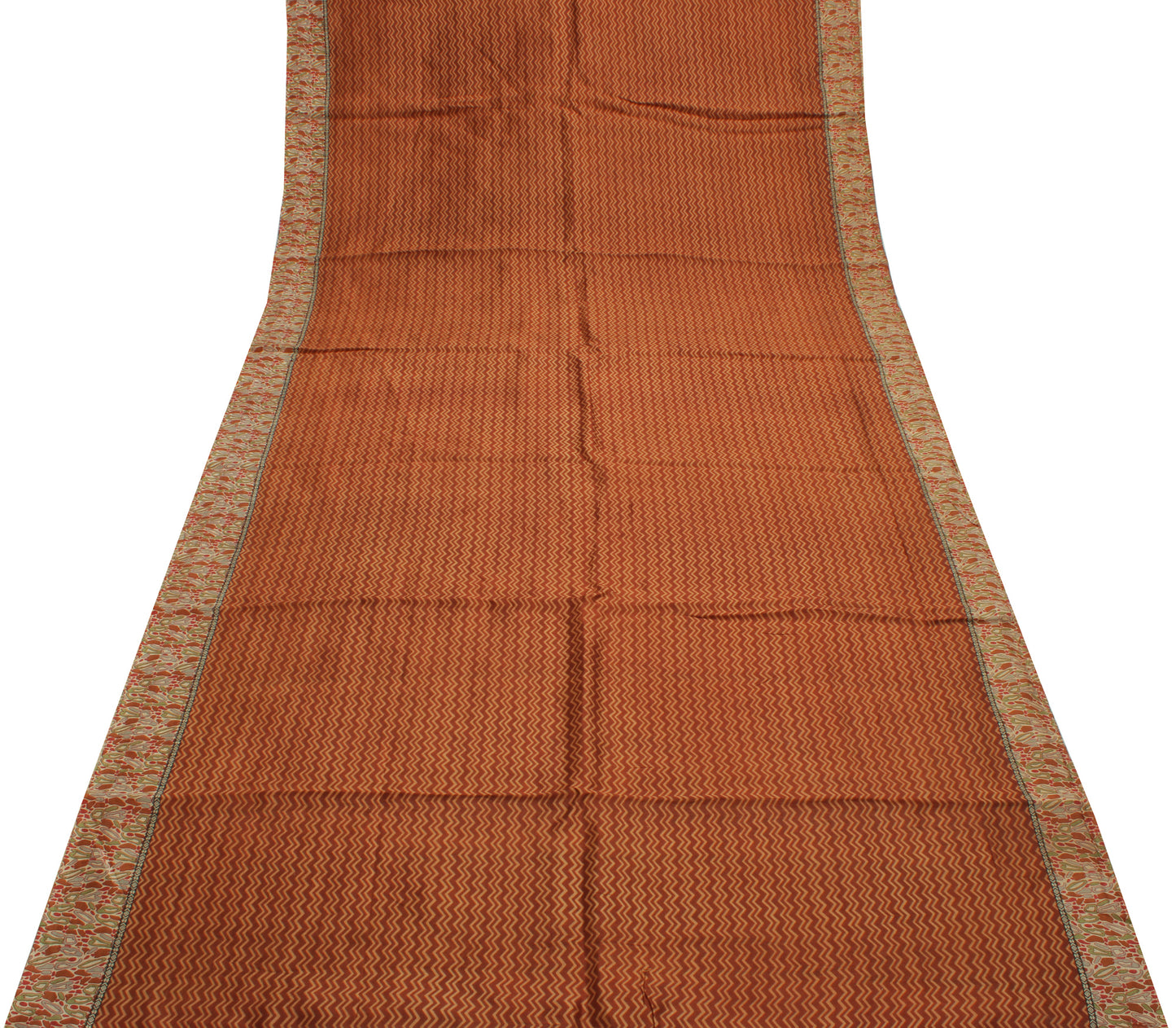 Sushila Vintage Brown Saree 100% Pure Silk Printed Zig-Zag Soft Craft Fabric