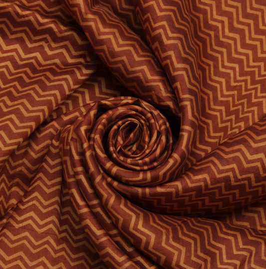 Sushila Vintage Brown Saree 100% Pure Silk Printed Zig-Zag Soft Craft Fabric