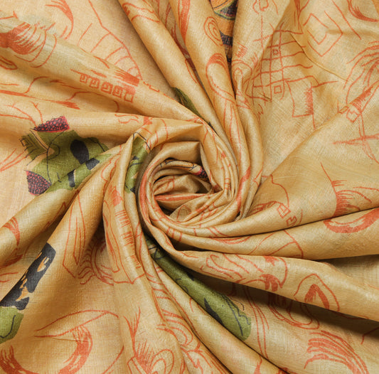 Sushila Vintage Cream Saree 100% Pure Silk Printed Abstract Soft Craft Fabric