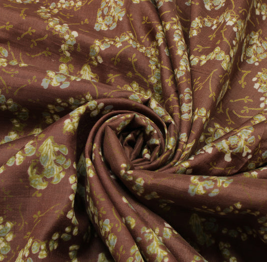 Sushila Vintage Brown Saree 100% Pure Silk Printed Floral Soft Craft Fabric