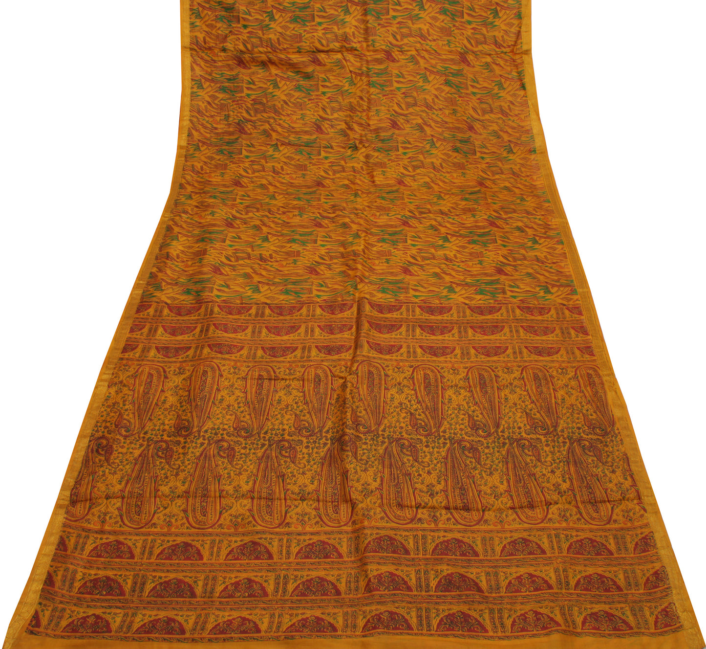 Sushila Vintage Mustard Indian Saree 100% Pure Silk Printed Soft Craft Fabric