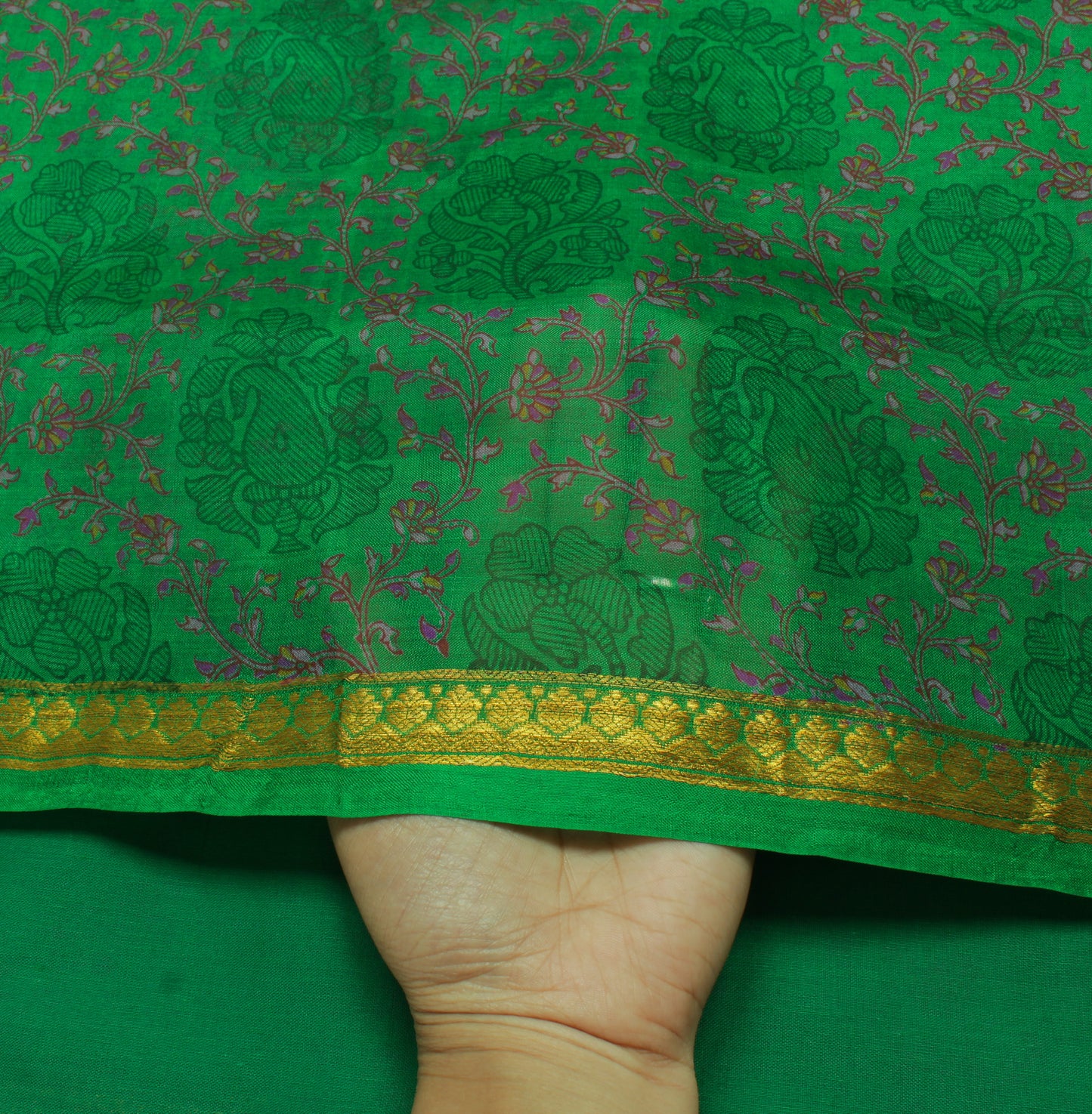 Sushila Vintage Green Saree 100% Pure Silk Printed Floral Soft Craft 5 YD Fabric