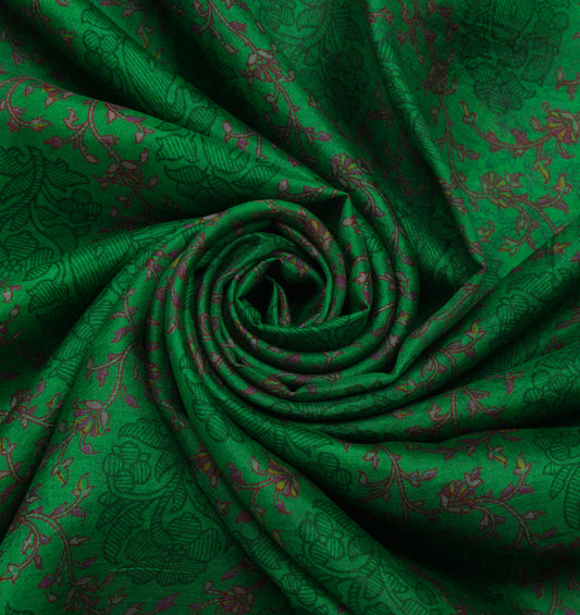 Sushila Vintage Green Saree 100% Pure Silk Printed Floral Soft Craft 5 YD Fabric