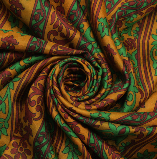 Sushila Vintage Mustard Saree 100% Pure Silk Printed Floral Soft Craft Fabric