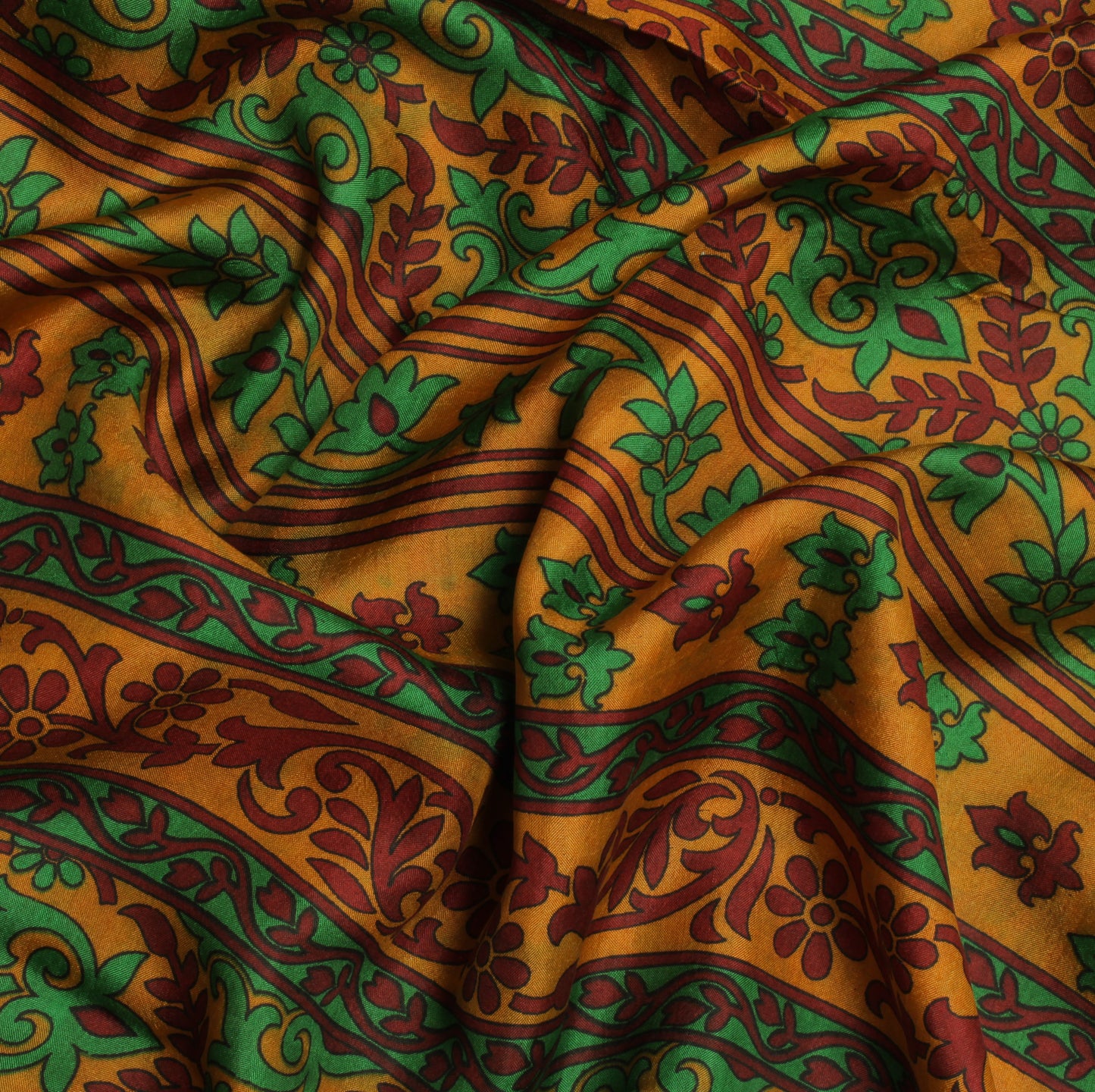 Sushila Vintage Mustard Saree 100% Pure Silk Printed Floral Soft Craft Fabric