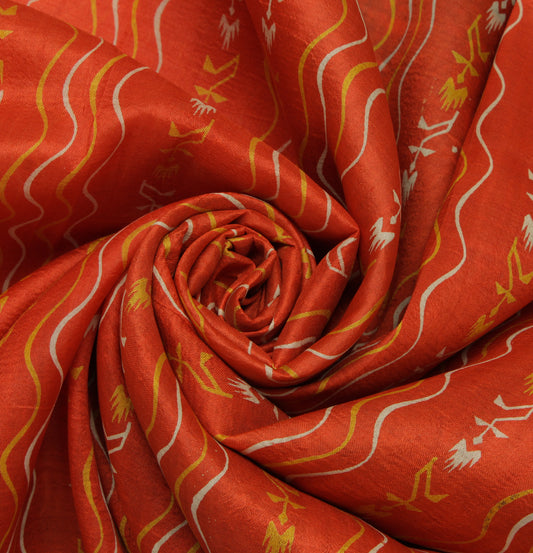 Sushila Vintage Orange Indian Saree 100% Pure Silk Printed Craft Sari Fabric