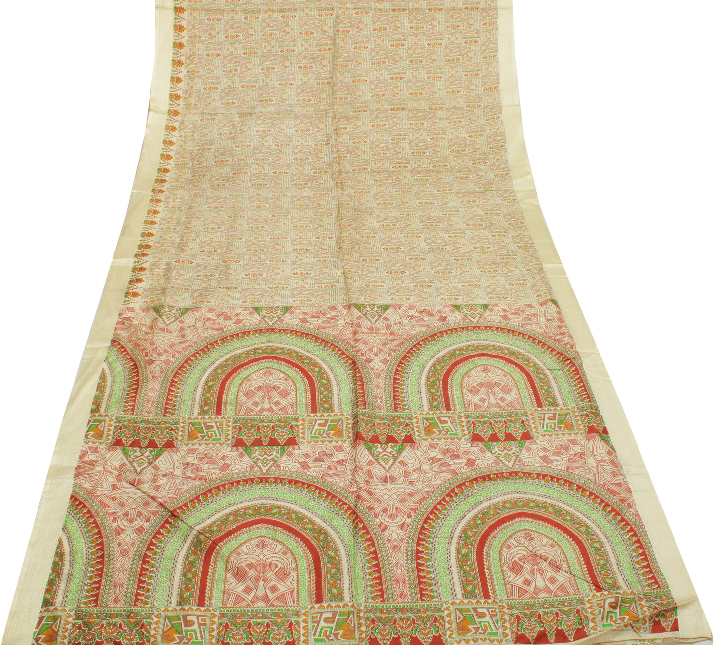 Sushila Vintage Cream Indian Saree 100% Pure Silk Printed Soft Craft 5 YD Fabric