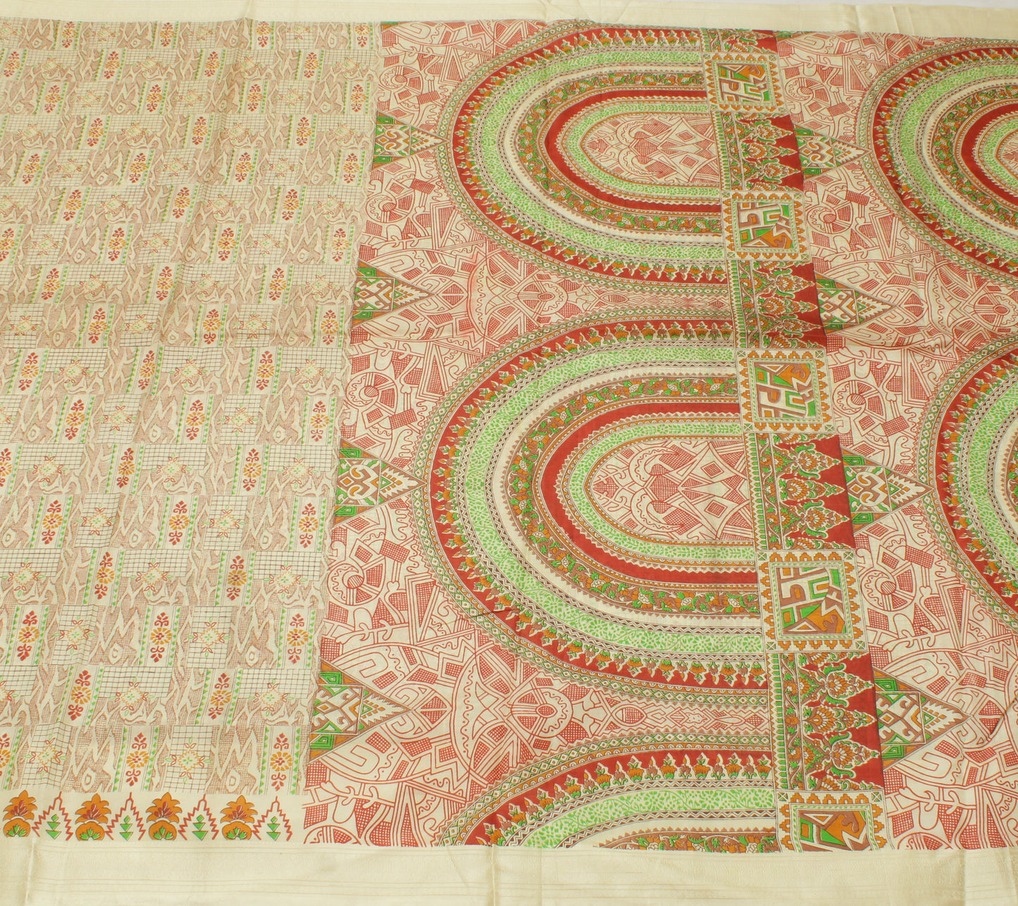 Sushila Vintage Cream Indian Saree 100% Pure Silk Printed Soft Craft 5 YD Fabric