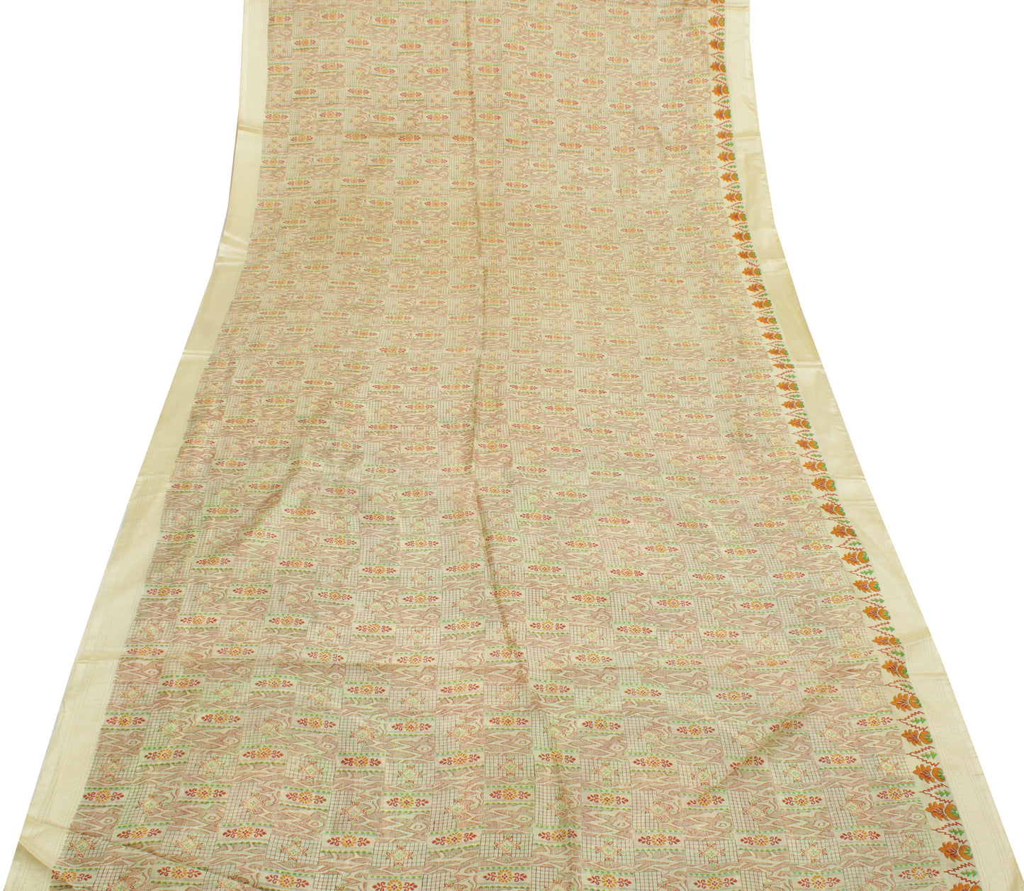 Sushila Vintage Cream Indian Saree 100% Pure Silk Printed Soft Craft 5 YD Fabric