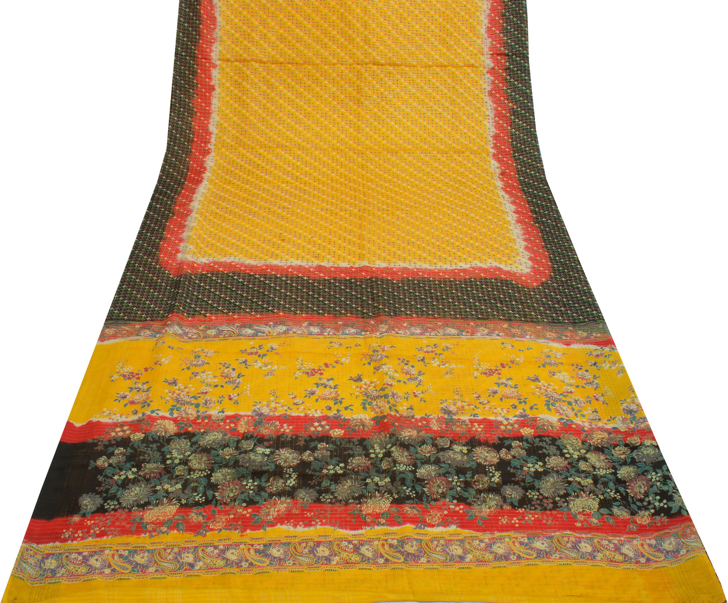 Sushila Vintage Yellow Saree 100% Pure Silk Printed Floral Soft Craft Fabric