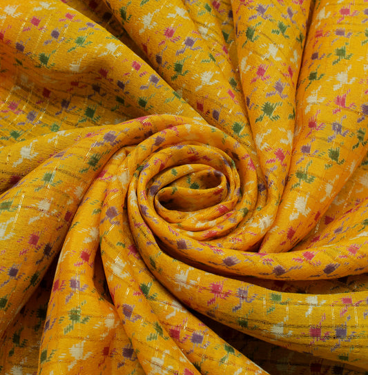 Sushila Vintage Yellow Saree 100% Pure Silk Printed Floral Soft Craft Fabric