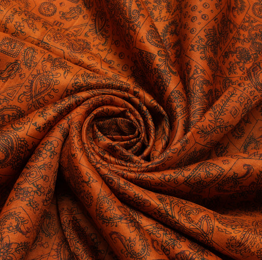 Sushila Vintage Rust Saree 100% Pure Silk Printed Paisley Soft Craft Fabric