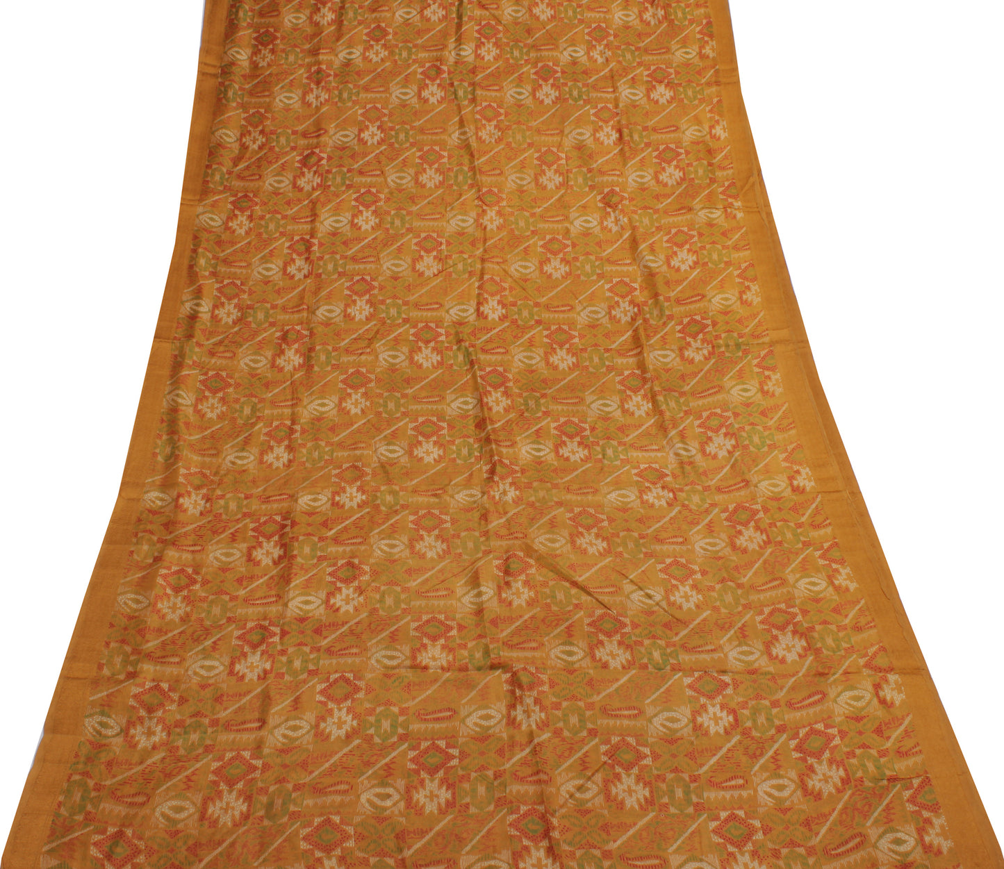 Sushila Vintage Mustard Saree 100% Pure Silk Printed Soft Craft 5 Yard Fabric