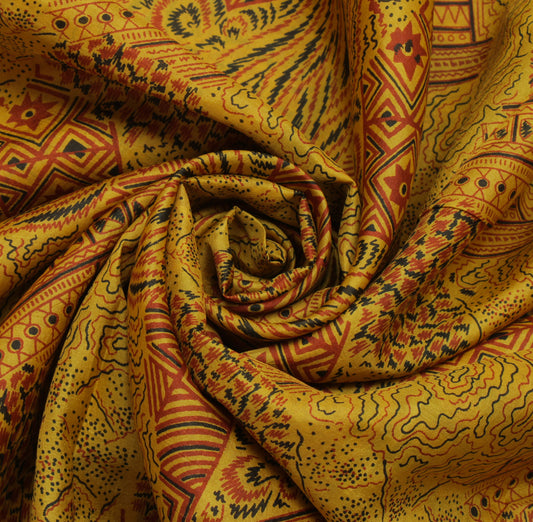 Sushila Vintage Mustard Indian Saree 100% Pure Silk Printed Soft Craft Fabric