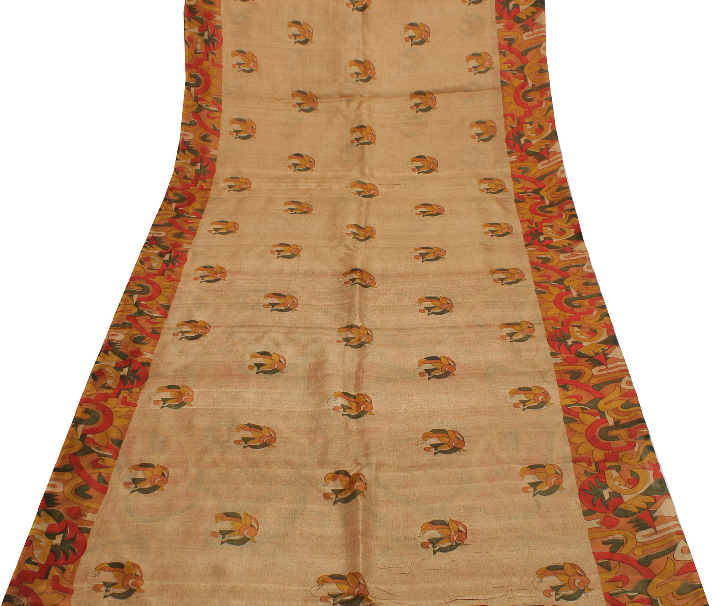 Sushila Vintage Light Brown Saree 100% Pure Silk Printed Soft Craft Sari Fabric