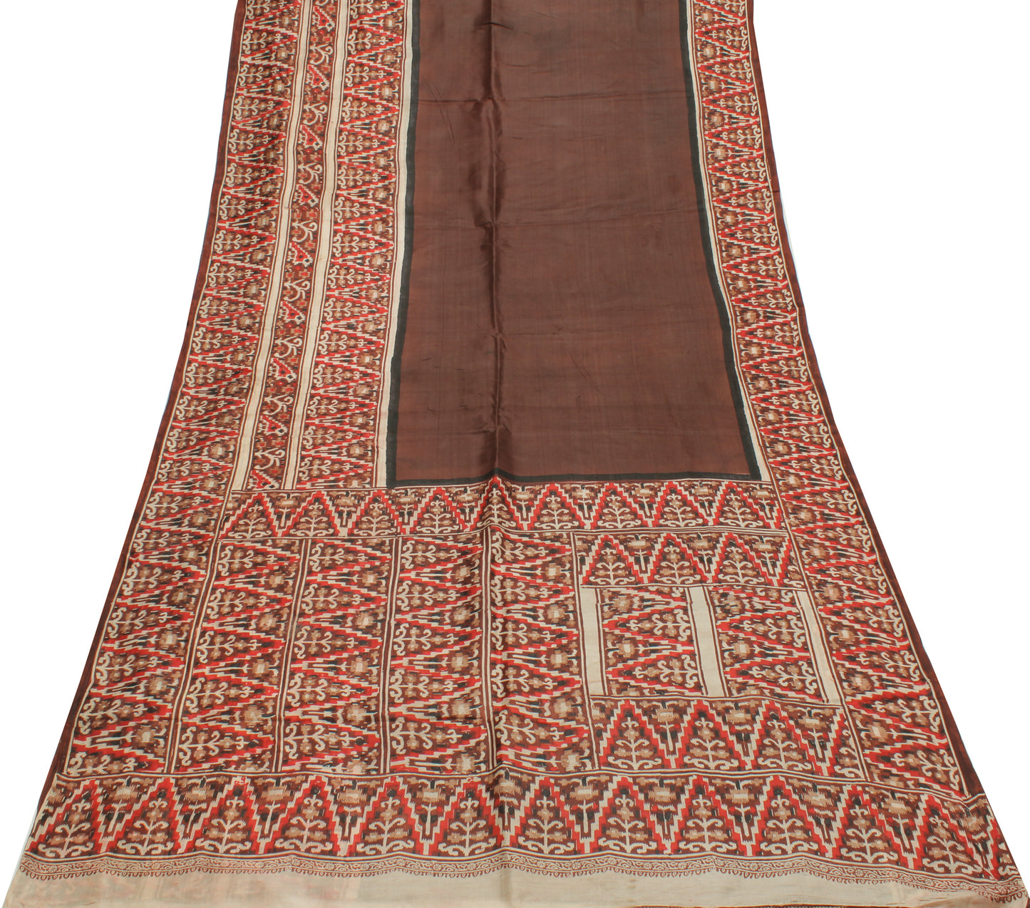 Sushila Vintage Brown Indian Saree 100% Pure Silk Printed  Soft Craft Fabric